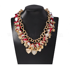 Imitation Pearl Nuggets Beaded and Printed Polyester Cord Alloy Crystal Rhinestone Heart Pendant Bib Necklaces for Women&nbsp;FS-WGED0B9-01
