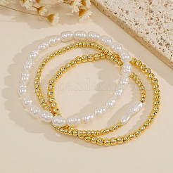 Elegant Faux Keshi Pearl and Brass Round Beaded Stretch Stackable Bracelet Sets for Women&nbsp;GT9048