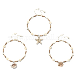 3Pcs 3 Styles Ocean Theme Spray Painted Opaque Acrylic Starfish Shell Conch Shape Pendant Synthetic Turquoise & Coconut & Electroplate Glass Braided Bead Necklaces&nbsp;NJEW-JN06203