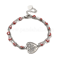 Red Enamel Evil Eye & 304 Stainless Steel Curb Chains Double Layer Multi-strand Bracelet with Charm for Women&nbsp;BJEW-C025-09P