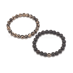2Pcs 2 Style Natural Tibetan 3-Eye dZi Agate & Lava Rock Mala Bead Bracelets Set&nbsp;BJEW-JB07889