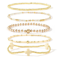 5Pcs 5 Styles Brass & Resin Beads Stretch Bracelets&nbsp;FP8271-4