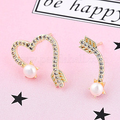 Clear Cubic Zirconia Arrow & Heart Asymmetrical Earrings with Natural Pearl Beaded&nbsp;EJEW-T019-06G