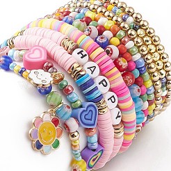 11Pcs 10 Style Synthetic Turquoise(Dyed) & Hematite & Millefiori Glass Stretch Bracelets Set with Word Happy Beaded&nbsp;BJEW-JB08832