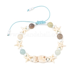 Ocean Synthetic Turquoise Fish Starfish and Natural Flower Amazonite Round Braided Bead Bracelets&nbsp;BJEW-JB14477