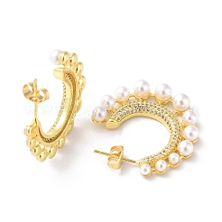 Clear Cubic Zirconia C-shape Stud Earrings with ABS Plastic Pearl Beaded&nbsp;EJEW-G333-15G