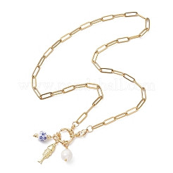 White and Blue Porcelain Round & 304 Stainless Steel Fish & Imitation Pearl Pendant Necklaces for Women&nbsp;NJEW-JN05650