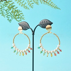 Round Shell Pearl Beads & Glass Beads Big Ring Dangle Stud Earrings&nbsp;X1-EJEW-TA00013