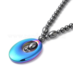 Synthetic Non-magnetic Hematite Oval Pendant Necklace with Round Beaded Chains&nbsp;NJEW-R259-02