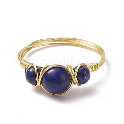 Natural Lapis Lazuli Round Braided Beaded Finger Ring&nbsp;RJEW-JR00550-03