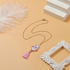 Rhombus Handmade Loom Pattern Glass Seed Pendants Necklaces with Tassel&nbsp;NJEW-MZ00012