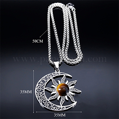 Gothic Moon Sun 201 Stainless Steel Pave Natural Tiger Eye Pendant Necklaces for Women&nbsp;FS-WG56BEB-01