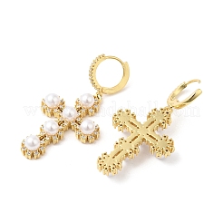 Cubic Zirconia Cross Dangle Hoop Earrings with ABS Plastic Imitation Pearl&nbsp;EJEW-L264-004G