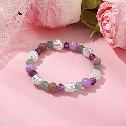 Round Natural Amethyst & Dyed Yellow Jade & Green Aventurine & Rhodochrosite & Nuggets Plastic Imitation Pearl Beaded Stretch Bracelets for Women&nbsp;BJEW-JB10629