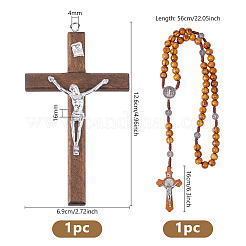 1Pc Cross Wood with Alloy Pendant Jesus Faith Sideways Crucifix Rosary Bead Necklaces for Men Women&nbsp;NJEW-DC0001-16