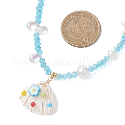 Ocean Natural Shell Copper Wire Wrapped Flower Shell Pendant Faceted Rondelle Glass and Round Shell Pearl Beaded Necklaces&nbsp;NJEW-TA00222