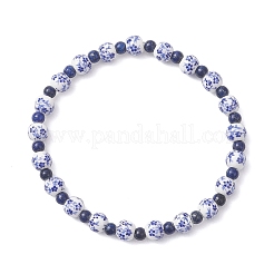 Handmade Flower Printed Porcelain Ceramic & Natural Lapis Lazuli Beads Stretch Bracelets for Women&nbsp;BJEW-JB12932