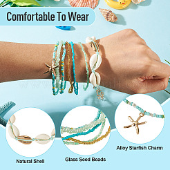 2 Bags Summer Beach Glass Seed Beaded & Natural Shell & Alloy Starfish Charm Anklet Sets&nbsp;AJEW-TA0003-69G