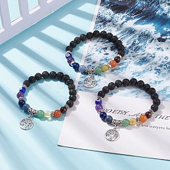 3Pcs 3 Style Natural Lava Rock & Mixed Stone Stretch Bracelets Set with Lampwork Evil Eye&nbsp;BJEW-JB08321