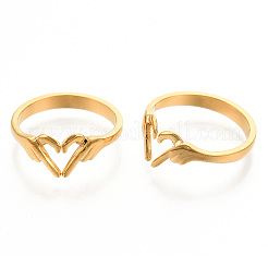 Ion Plating(IP) 304 Stainless Steel Hand Heart Cuff Rings&nbsp;X-RJEW-N038-121LG