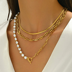 Baroque Style 201 Stainless Steel & Brass & Imitation Pearl 3 Layered OT Buckle Necklaces for Women&nbsp;EE6701