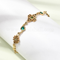 304 Stainless Steel Rhinestone Flower with Heart Link Chain Bracelets&nbsp;SA-CBAF6AD-16G