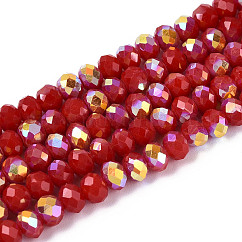 AB Color Plated Opaque Glass Rondelle Beads Strands, Faceted, Dark Red, 4.5x3.5mm, Hole: 0.7~1mm, about 108~116pcs/strand, 14.76~16.73''(37.5~42.5cm)