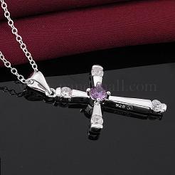 Silver Color Plated Brass Cubic Zirconia Cross Pendant Necklaces&nbsp;NJEW-BB09493
