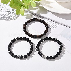 3Pcs Natural Dyed & Heated Black Agate and Coconut Beads Stretch Bracelets Set&nbsp;BJEW-JB08935