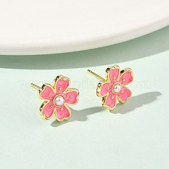 Flower Brass & ABS Plastic Pearl Stud Earrings&nbsp;EJEW-P336-07G-07