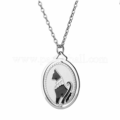 Vintage Egyptian Black Cat Oval Pendant Stainless Steel Necklace for Halloween and Birthday Gifts&nbsp;ST1427-2