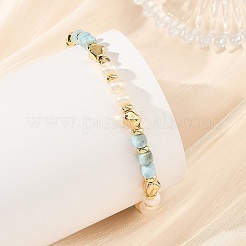 Natural Larimar Faceted Cube and Pearl Beaded Bracelets with Brass Beads for Women&nbsp;BJEW-JB14475-01