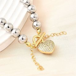 Brass Micro Pave Clear Cubic Zirconia Heart Pendant Round Beaded Necklaces for Women&nbsp;NJEW-D314-07PG