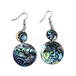 Brass Natural Paua Shell Flat Round Dangle Earrings&nbsp;EJEW-S278-01P