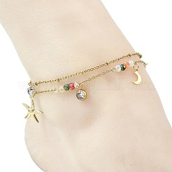Ocean Faceted Rondelle Electroplate Glass 2-Strand 304 Stainless Steel Sea Animals Charm Anklets for Women&nbsp;AJEW-AN00793
