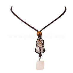 Natural Rose Quartz Macrame Pouch Pendant Nylon Cord Adjustable Necklaces&nbsp;NJEW-JN05345-02