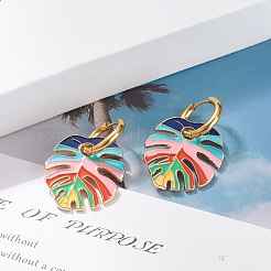 Monstera Leaf Enamel Charm Dangle Hoop Earrings&nbsp;EJEW-JE04853