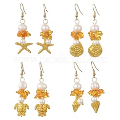 Ocean Alloy & Natural Amber & Shell Pearl Dangle & Drop Earrings&nbsp;EJEW-JE07427