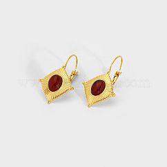 Vintage French Style 304 Stainless Steel Hoop Earrings, with Synthetic Turquoise, Golden, Rhombus