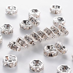 Brass Grade A Rhinestone Spacer Beads, Silver Color Plated, Nickel Free, Rondelle, Crystal, 7x3.2mm, Hole: 1.2mm