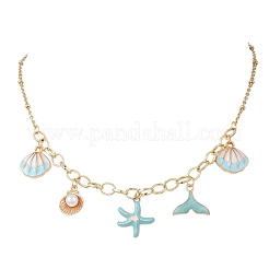 Ocean Alloy Enamel Whale Tail Shell Shape Starfish Pendant Brass Cable Chain and 304 Stainless Steel Satellite Chain Bib Necklaces for Women&nbsp;NJEW-JN05815-01