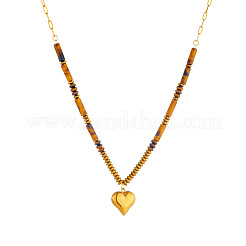 304 Stainless Steel Heart Pendant Natural Tiger Eye Beaded Necklaces for Women&nbsp;WG2C0E0-01