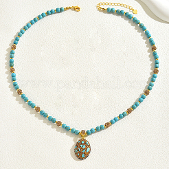 Vintage Ethnic Style Natural Turquoise Beaded Oval Oendant Necklaces for Women Party&nbsp;FE3293