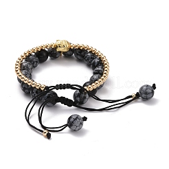 Round Natural Snowflake Obsidian Braided Beded Bracelets Set&nbsp;BJEW-JB07096