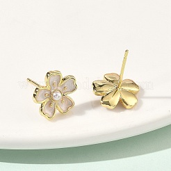 Flower Brass & ABS Plastic Pearl Stud Earrings&nbsp;EJEW-P336-07G-01