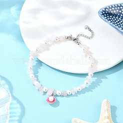 4Pcs 4 Styles Alloy Enamel Shell Shape Charm White Round Shell Pearl & Natural Rose Quartz & Flower Amazonite & Dyed Aquamarine & Amethyst Chip Beaded Anklets&nbsp;AJEW-AN00734