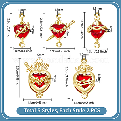 10Pcs 5 Styles Brass with Glass Dark Red Sacred Heart Connector Charms&nbsp;KK-PH0014-96B