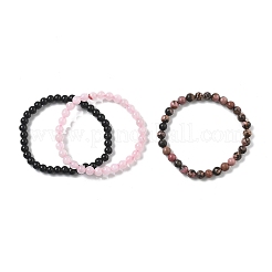 3Pcs 3 Style Natural Rhodonite & Black Agate & Rose Quartz Round Beaded Stretch Bracelets Set&nbsp;PW23030761414