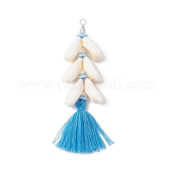 Natural Cowrie Shell & Handmade Polymer Clay Beads & Handmade Polycotton Tassel Big Pendants&nbsp;PALLOY-JF03785