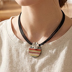 Bohemian Style Rainbow Wooden Oval Pendant Imitation Leather Cord Multi-Strand Necklaces for Women&nbsp;WG7D3BC-01